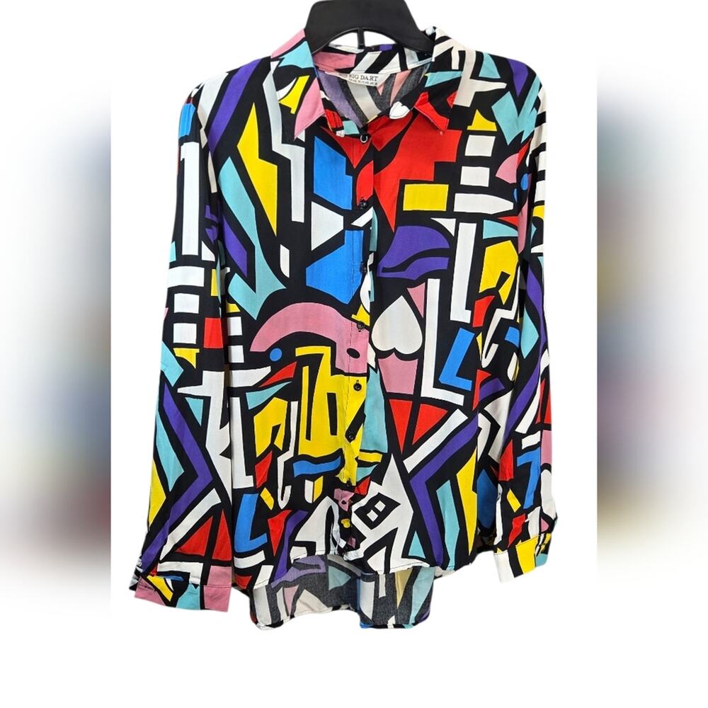 Big Dart Colorful Geometric Retro Womens  Button-Up Shirt